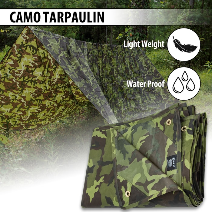 The Camo Tarpaulin shown folded and in use