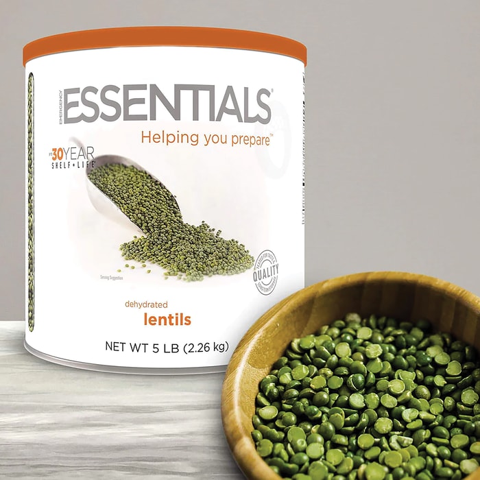 The Emergency Essentials Lentils Shown in its container and prepared