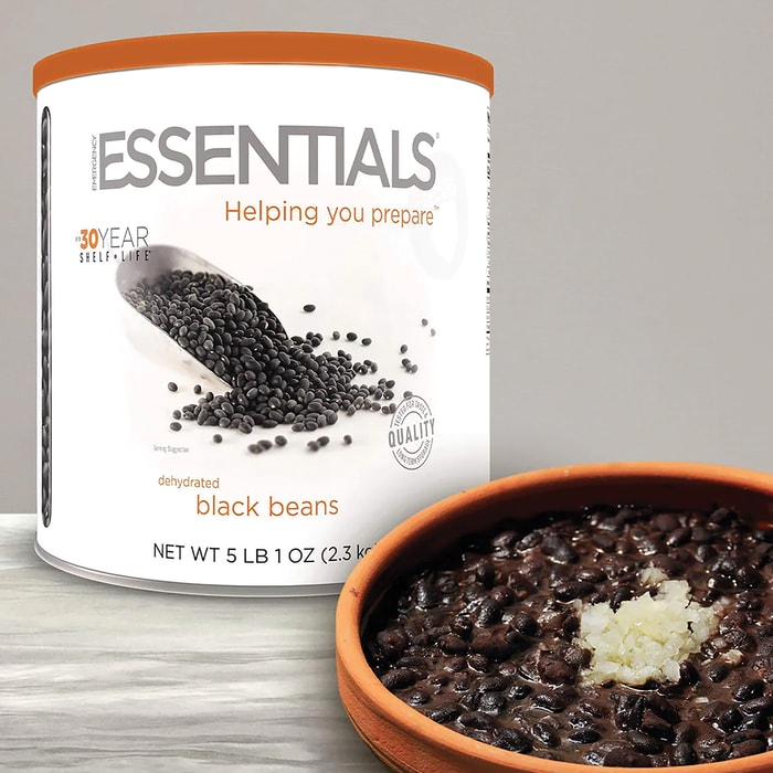 The Emergency Essentials Black Beans shown in container and in bowl