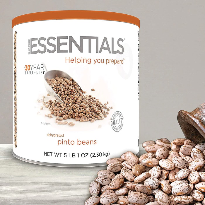 A view of the Emergency Essentials Pinto Beans in and out of its can