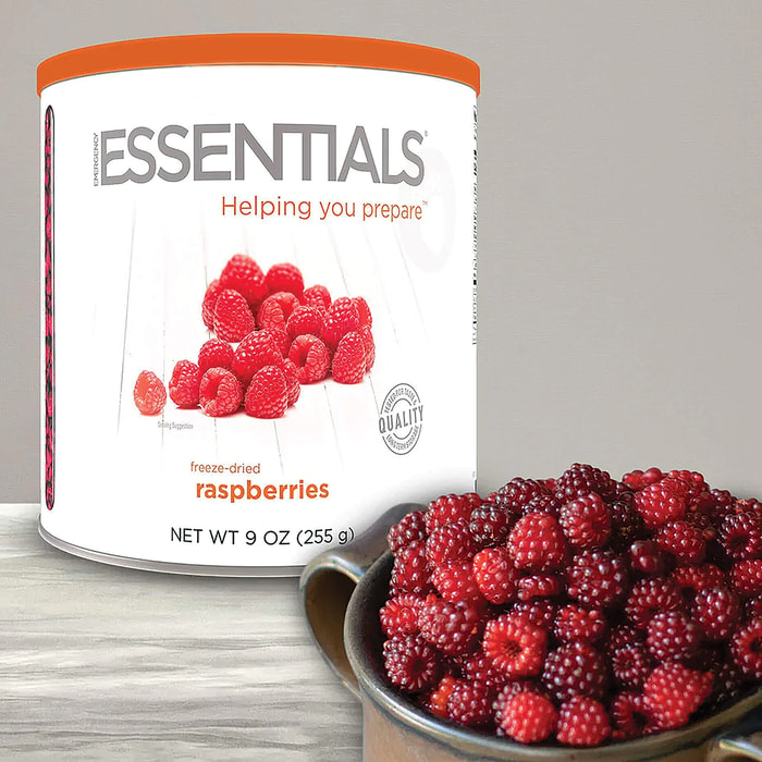 A view of the Emergency Essentials Raspberries in its can and in a bowl