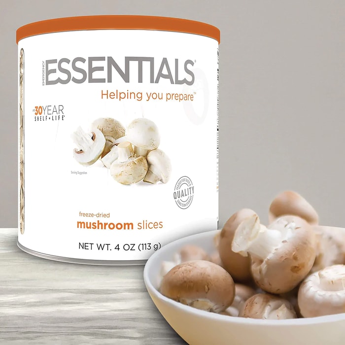 The Emergency Essentials Mushroom slices in their container and in a bowl