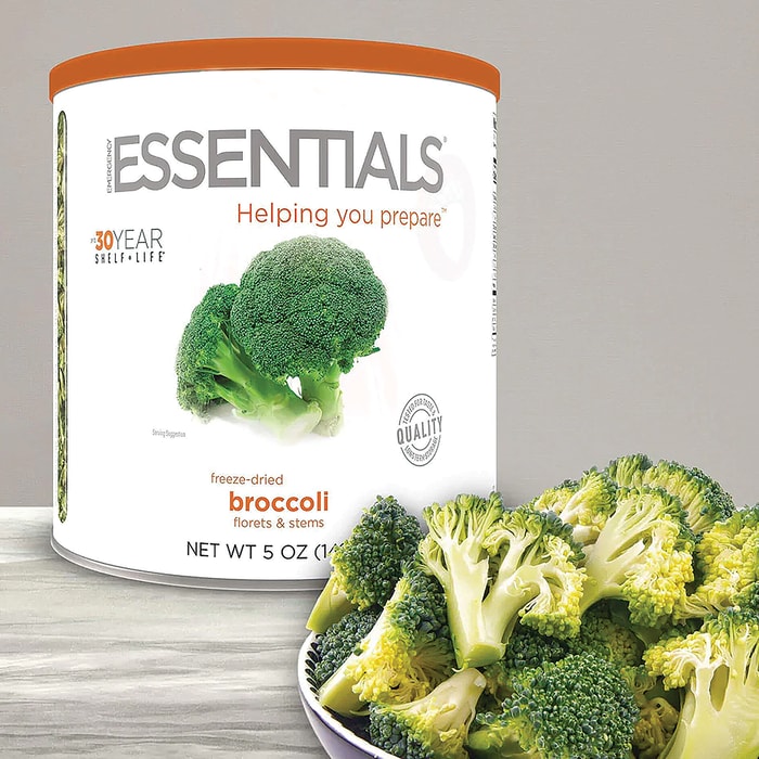 The Emergency Essentials Broccoli stored in its can and shown in a bowl