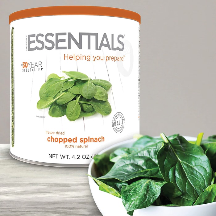 A view of the Emergency Essentials Spinach in its container and in a bowl