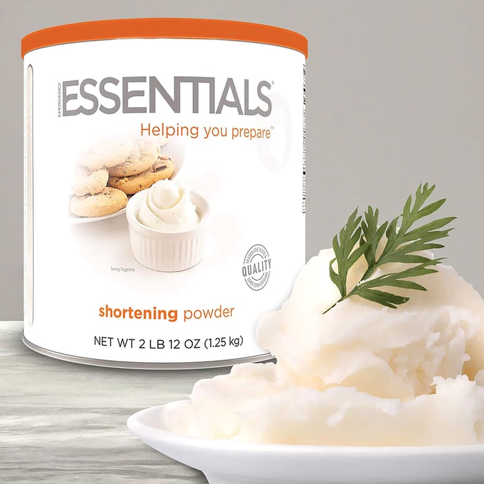 The Emergency Essentiasl Shortening Powder in its container and in a bowl