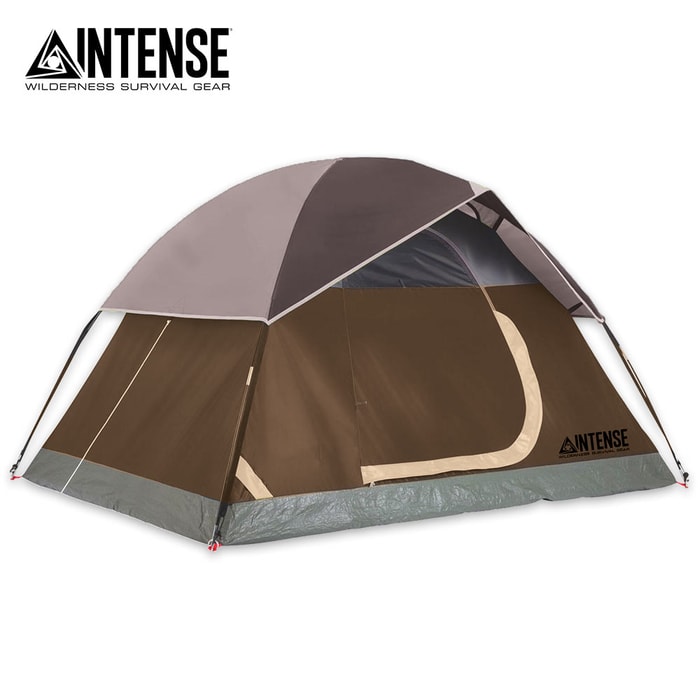 Intense Two-Person Dome Tent - Brown, Door Awning, Rainfly, Rip-Resistant Polyester Shell, Fiberglass Pole Frame, Carry Bag - Dimensions 7'x 5'x 4'
