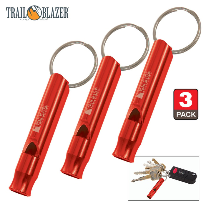 Trailblazer Red Mini Aluminum Emergency Whistles - Three-Pack - Compact Construction, Keyring 