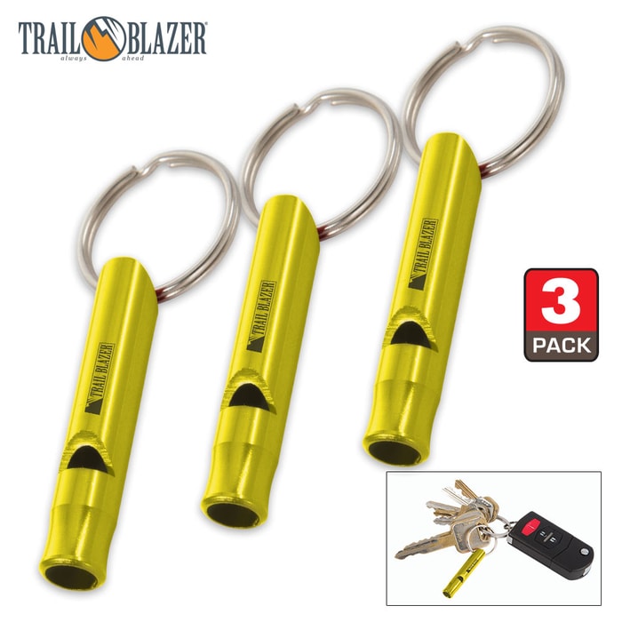 Trail Blazer Yellow Mini Aluminum Emergency Whistles - Three-Pack - Compact Construction, Keyring