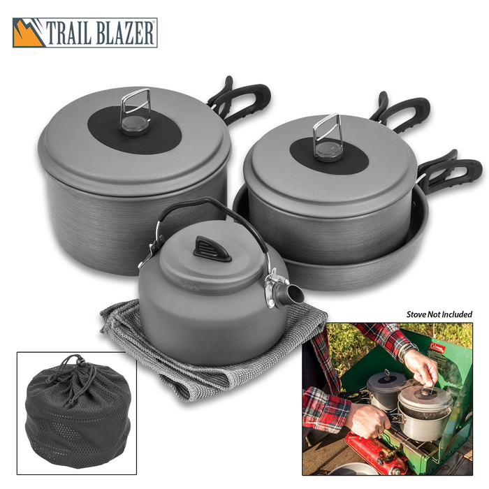 Trailblazer 8-Piece Outdoor Cookware Set with Nylon Carrying Bag - Cooks 3 to 4-Person Meals