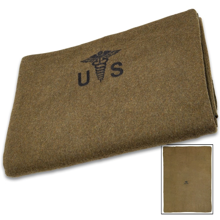 Reproduction US Army Medic Wool Blanket - 80 Percent Wool Construction, Printed Logo - Dimensions 64”x 84”