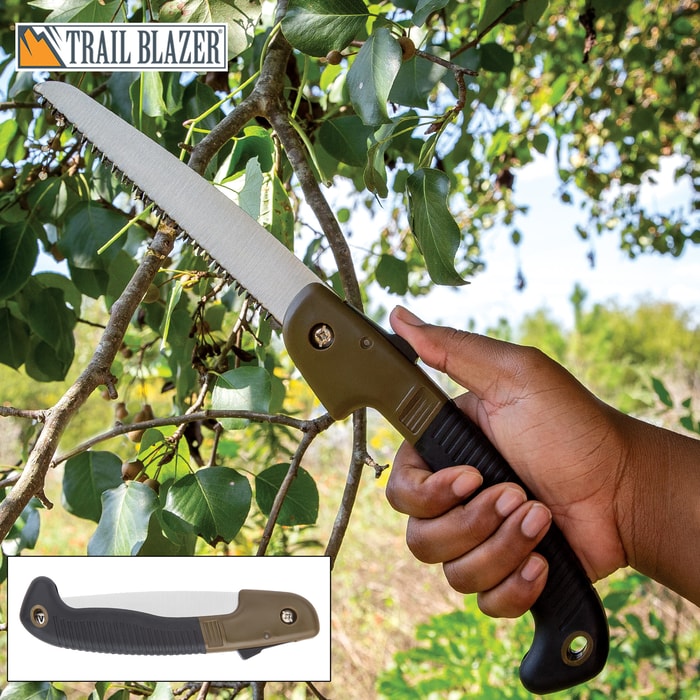 Trailblazer Multi-Purpose Folding Saw - Stainless Steel Blade, TPR And TPU Handle, Safety Release Button - Length 10 1/2”