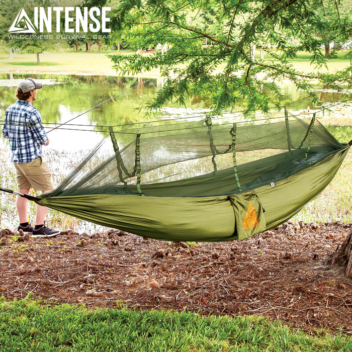 Intense Mosquito Net Covered Hammock Travel Bed - Parachute Nylon Material, Fine Mesh Netting, Carrying Pouch