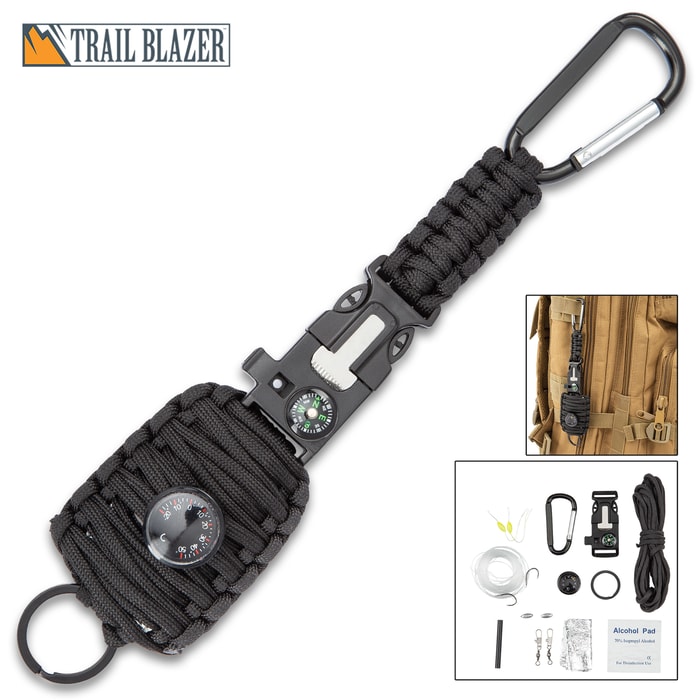 Trailblazer Paracord Fishing Kit With Carabiner - Integrated Compass, Emergency Whistle, Key Ring, Flint And Striker, Thermometer - Length 9 1/4”