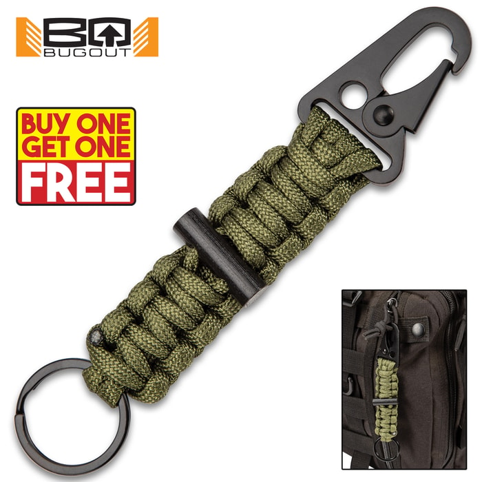 BugOut Paracord Key Ring With Flint Striker - 300-LB Hand-Woven Paracord, Spring Gate Sling Clip - Length 6” - BOGO
