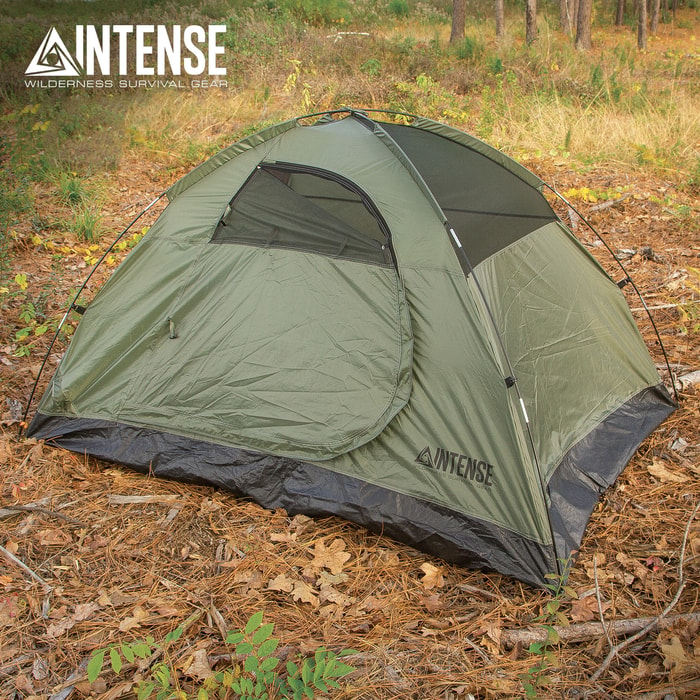 Intense Two-Person Dome Tent - OD, Door Awning, Rainfly, Rip-Resistant Polyester Shell, Fiberglass Pole Frame, Carry Bag - Dimensions 7'x 5'x 4'