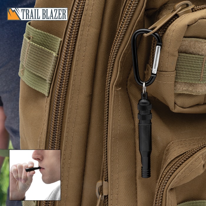 Full image of the Trailblazer Survival Whistle and Carabiner connected to a backpack.