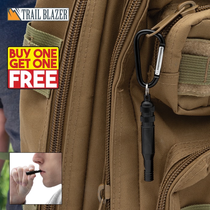 Full image of the Trailblazer Survival Whistle And Carabiner BOGO hooked onto a backpack.