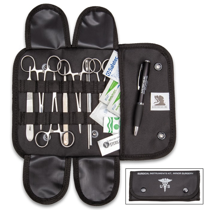 Elite Stainless Steel Surgical Set In Black Pouch - Stainless Steel Tools, Surgical Supplies, MOLLE Compatible