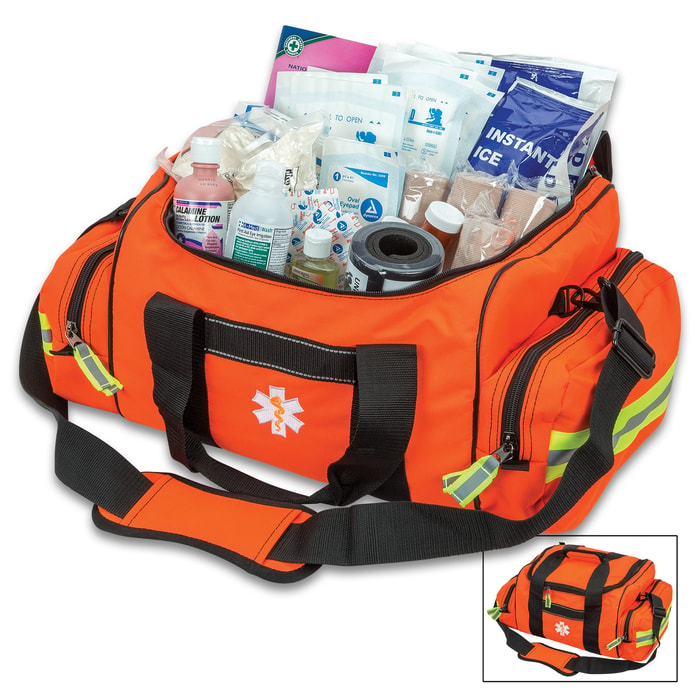 Orange First Responder Bag - Spacious Compartments, Zippered Pockets, Complete Set Of First Aid Equipment, Shoulder Strap