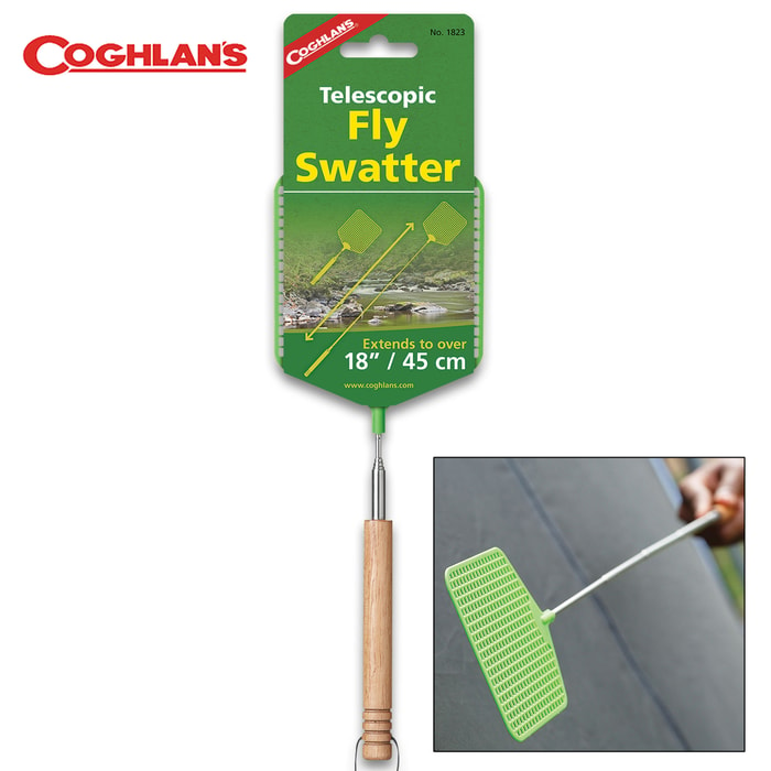 Coghlan’s Telescopic Handle Fly Swatter - Wooden Grip, Sturdy Plastic Swatter, Handle Extends to 18”, Leather Lanyard