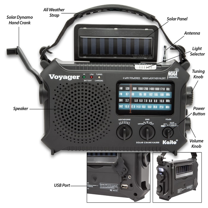 Kaito Voyager Classic Solar Radio - Five-Way Powered Emergency, Weather Alert, Flashlight, Reading Lamp, Dynamo Crank