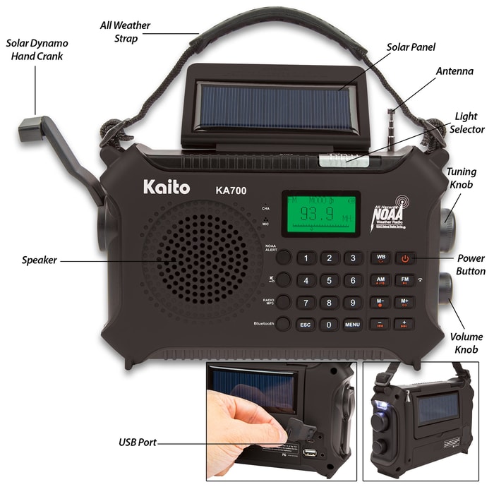 Kaito Emergency Solar Radio And Music Machine - Bluetooth, Weather Band, MP3 Player, Hands-Free Cellphone Speaker, Hand Crank Dynamo