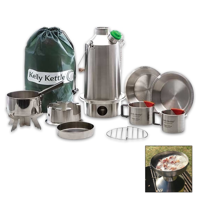 It includes the Base Camp Kettle, cook set, Kelly Kettle Pot Support, two camping cups, two camping plates and the large Hobo Stove