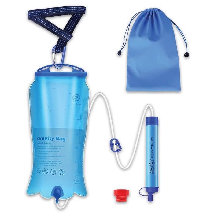 The Membrane Solutions Three-Liter Gravity Water Filter Bag With Straw is easy to use and has a three-stage filtration system