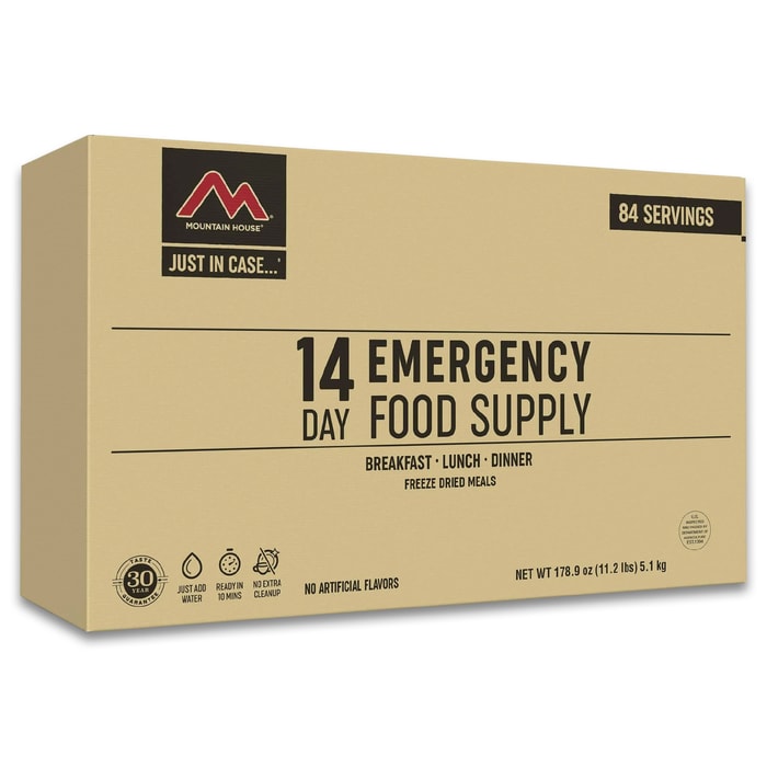 The Mountain House 14 Day Emergency Food Supply comes in a box