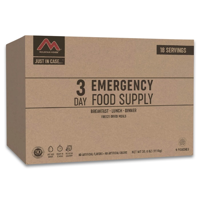 The Mountain Just In Case 3-Day Emergency Food Supply comes in a box