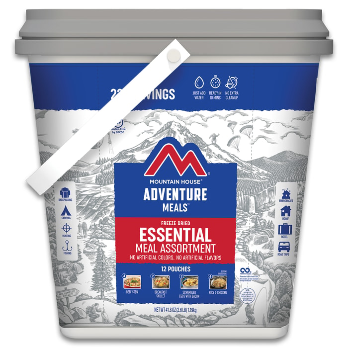 The Mountain House Just In Case Essentials comes in a tough bucket