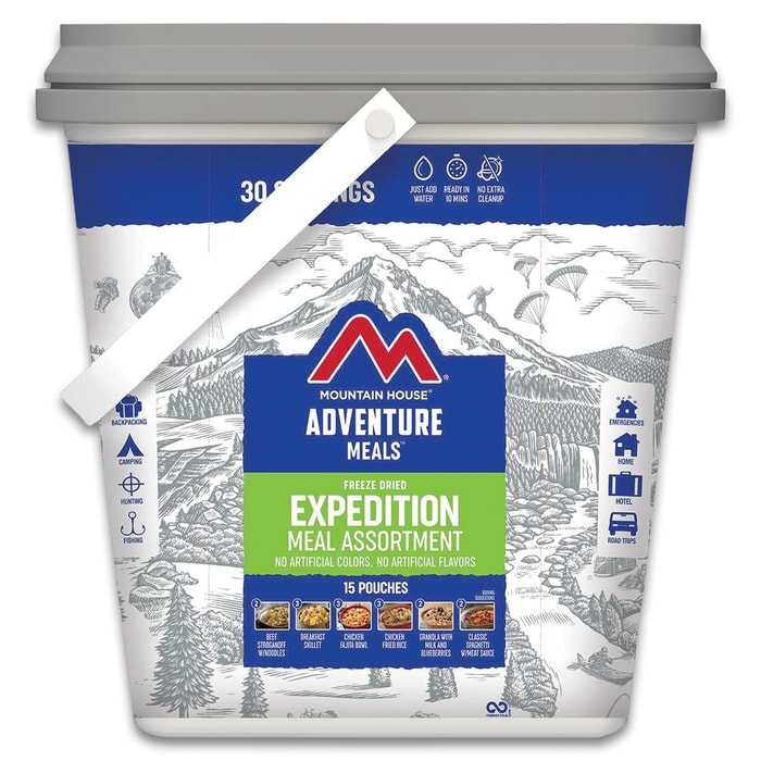 The Mountain House Expedition Meal Assortment comes in a bucket with a handle