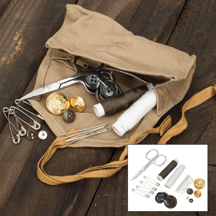 Italian Military Essential Repair Sewing Kit - Like New - Cotton Roll Pouch, Zippered Inside Pocket, Scissors, Needle And Thread