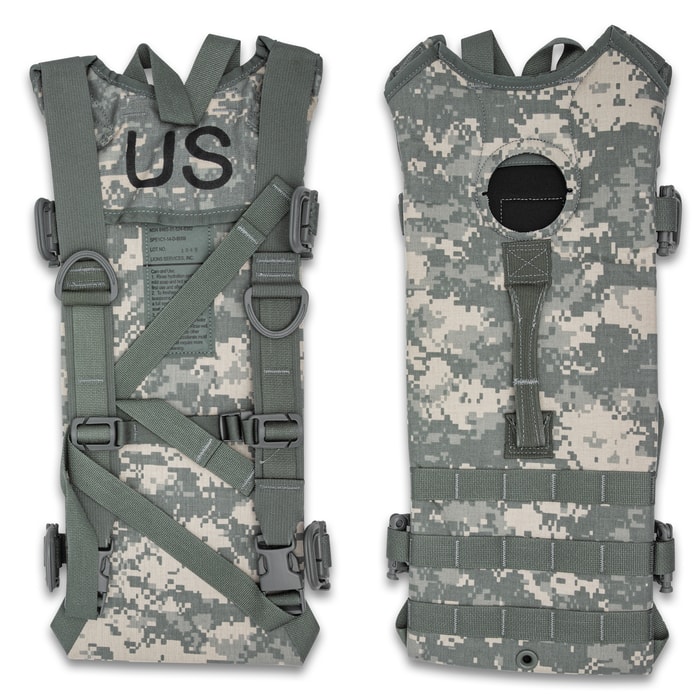 A view of  both the back and the front of the US GI AT Digital Hydration Pack