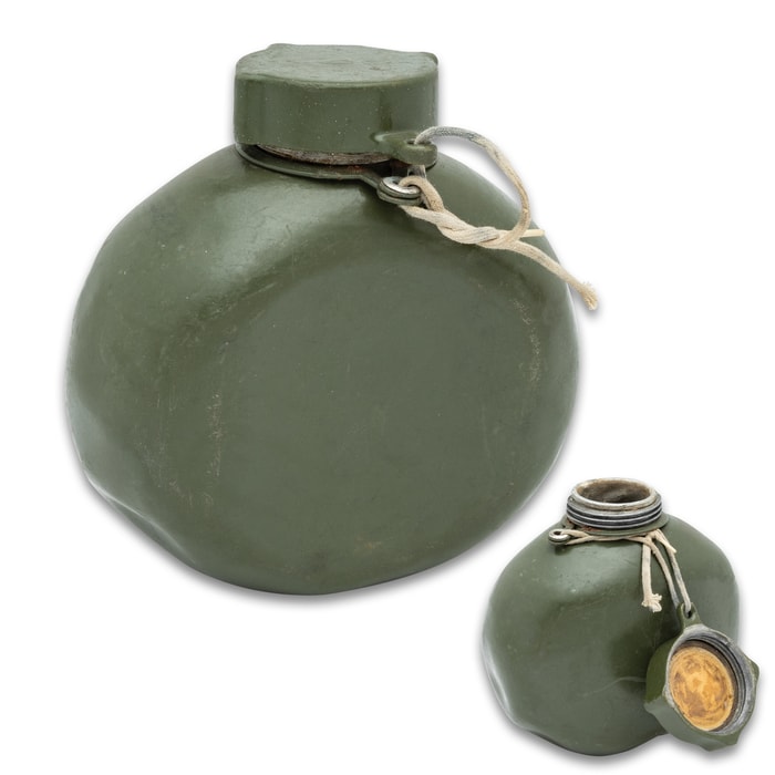 The Hungarian Aluminum Canteen shown with its attached cap on and off