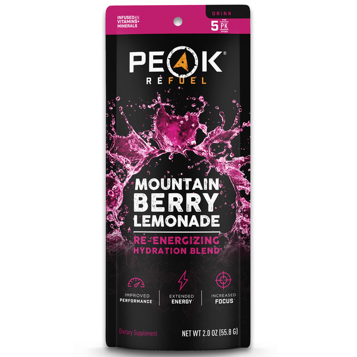 The Peak Refuel Mountain Berry Drink Sticks come in a tough resealable package