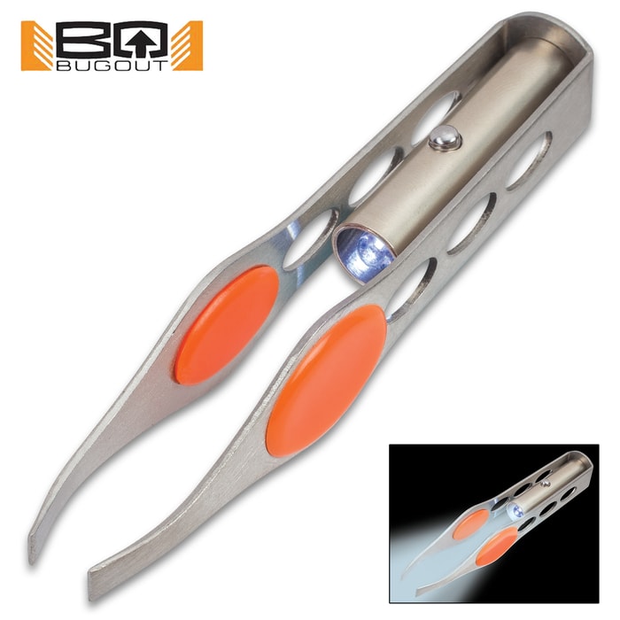 Trail Tweezer - Stainless Steel Construction, Rubber Finger Pads, Integrated LED Light - 3 3/4” Length