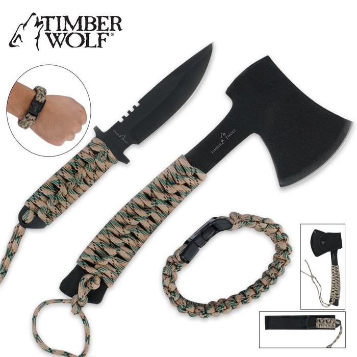 Timber Wolf Survival Axe, Full Tang Knife and Paracord Bracelet Set
