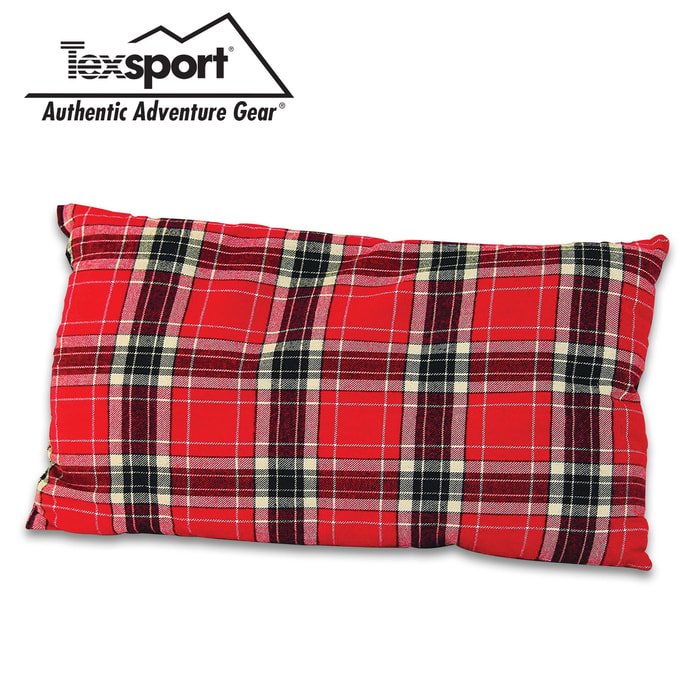 Red Plaid Travel Camp Pillow And Storage Bag - Cotton Flannel, Polyester Insulation, Machine Washable - 10"x 20"