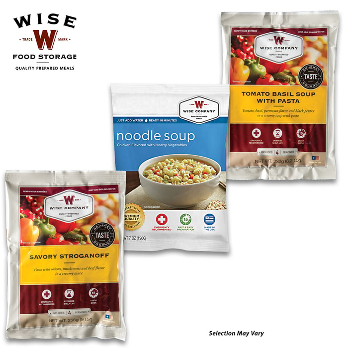 Wise Emergency Food Variety 3-Pack - Three Random 4-Serving Entrees, Mylar Pouches - Unbeatable Value - Disasters, Emergency Outdoors, Dorm, Bug-Out, Easy Meals, More - 25 Year Shelf Life - USA Made