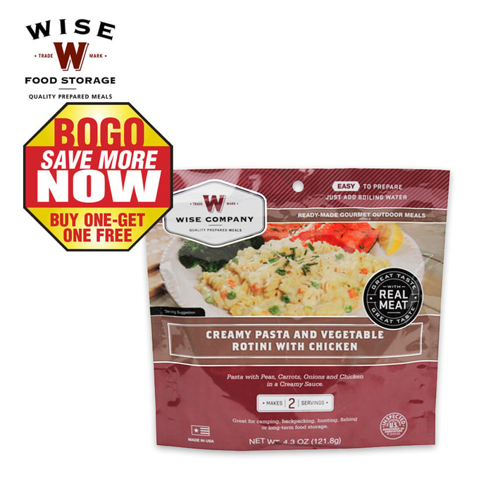 Wise 2-Serving Freeze Dried Meal Pouch Creamy Pasta and Vegetable Rotini with Chicken BOGO
