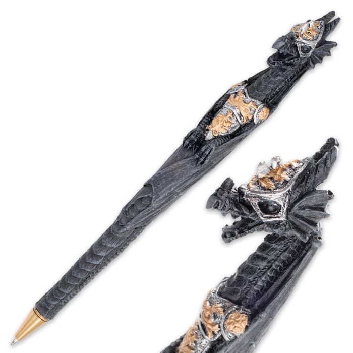 Armored Dragon Twin Pen Set - Two Polyresin Ballpoint Pens with Blue Ink