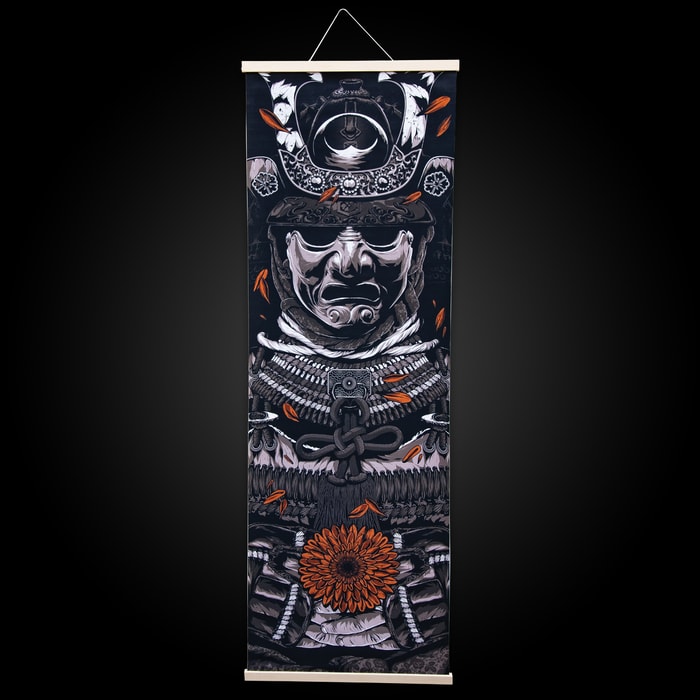 This scrolled artwork of a Japanese samurai is shown mounted on the wall. It can be rolled up for storage but also makes nice wall decor for sword collectors.