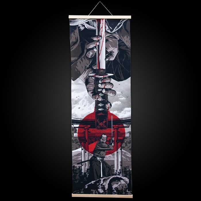This samurai katana wall art is shown hanging on a wall next to a 6 ft. tall man for a size reference. This wall art makes the perfect art for katana collectors.