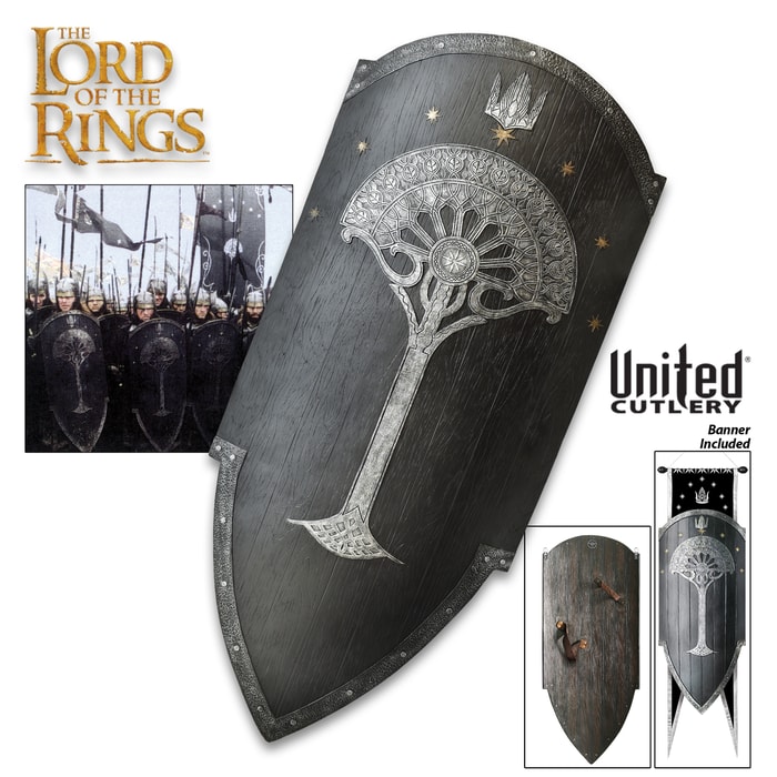 The Second Age War Shield of Gondor with Tree of Gondor motif is shown with included cloth war banner and handle on back.