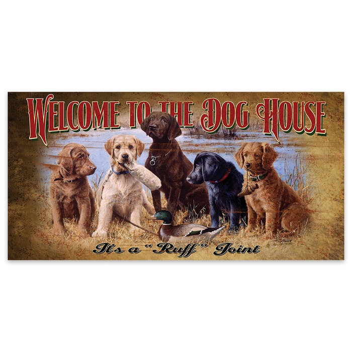 Welcome to the Dog House | Wooden Sign with Hunting Dogs, Mallard Art | 7" x 14"