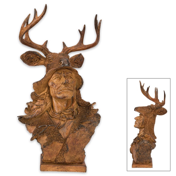 Faux Wood Native American with Deer Antler Headdress Sculpture