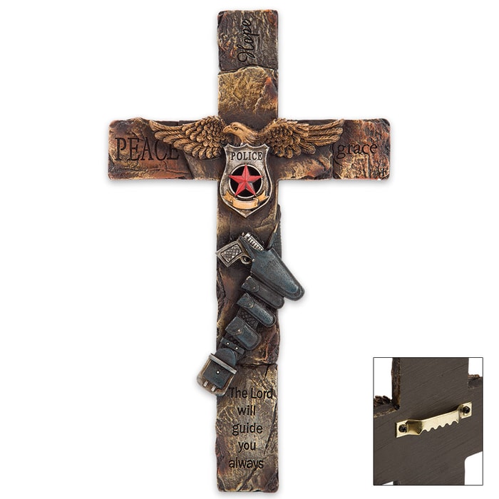 Law Enforcement Tribute Cross with Tactical Belt, Police Shield Accents - Resin Sculpture