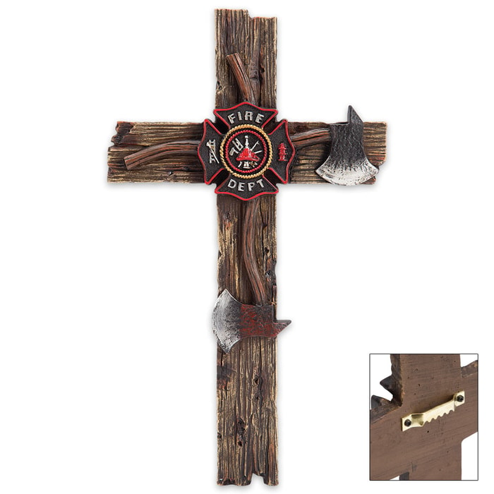 Firefighter Tribute Cross with Axes, Fire Department Seal Accents - Resin Sculpture