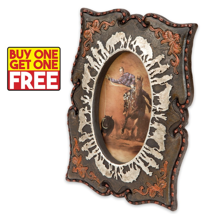 Cowboys and Horses Antiqued Western-Style Picture Frame - Fits 4" x 6" Pictures - BOGO